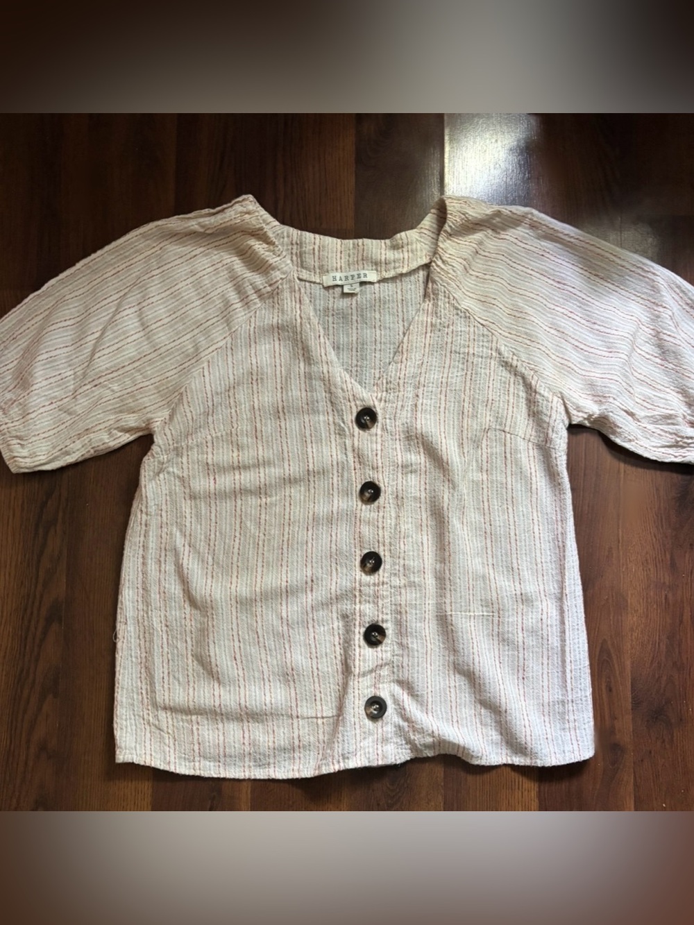 Harper Cream Top with Pale Pink Stripes and Brown Buttons